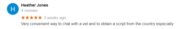 5 star google review for online vet consult and script from heather jones